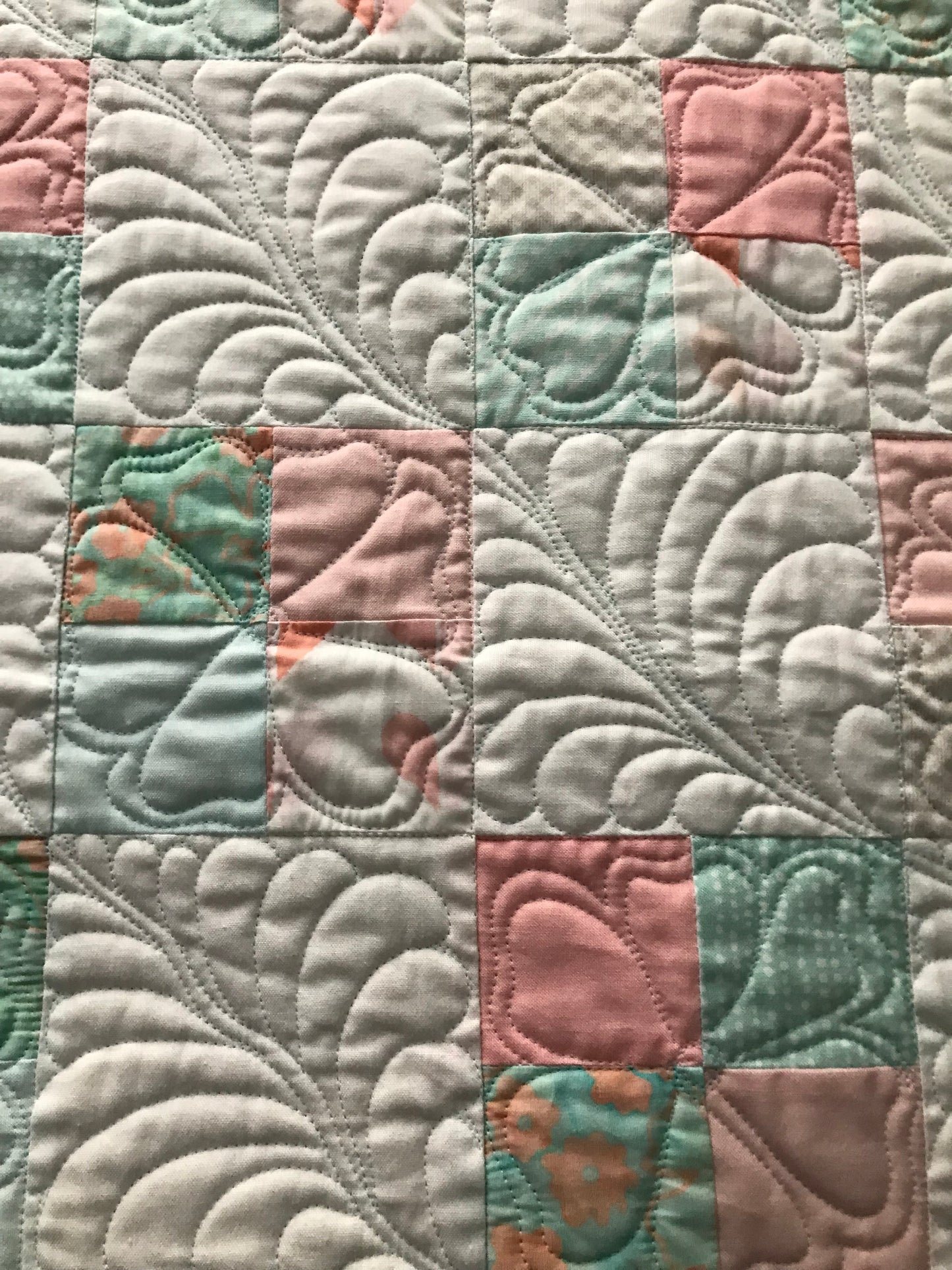 Handmade Baby Quilt - Baby Blanket, Adult Lap Quilt, Pink, Peach, Seafoam, Custom Quilted Hearts - Ready to Ship