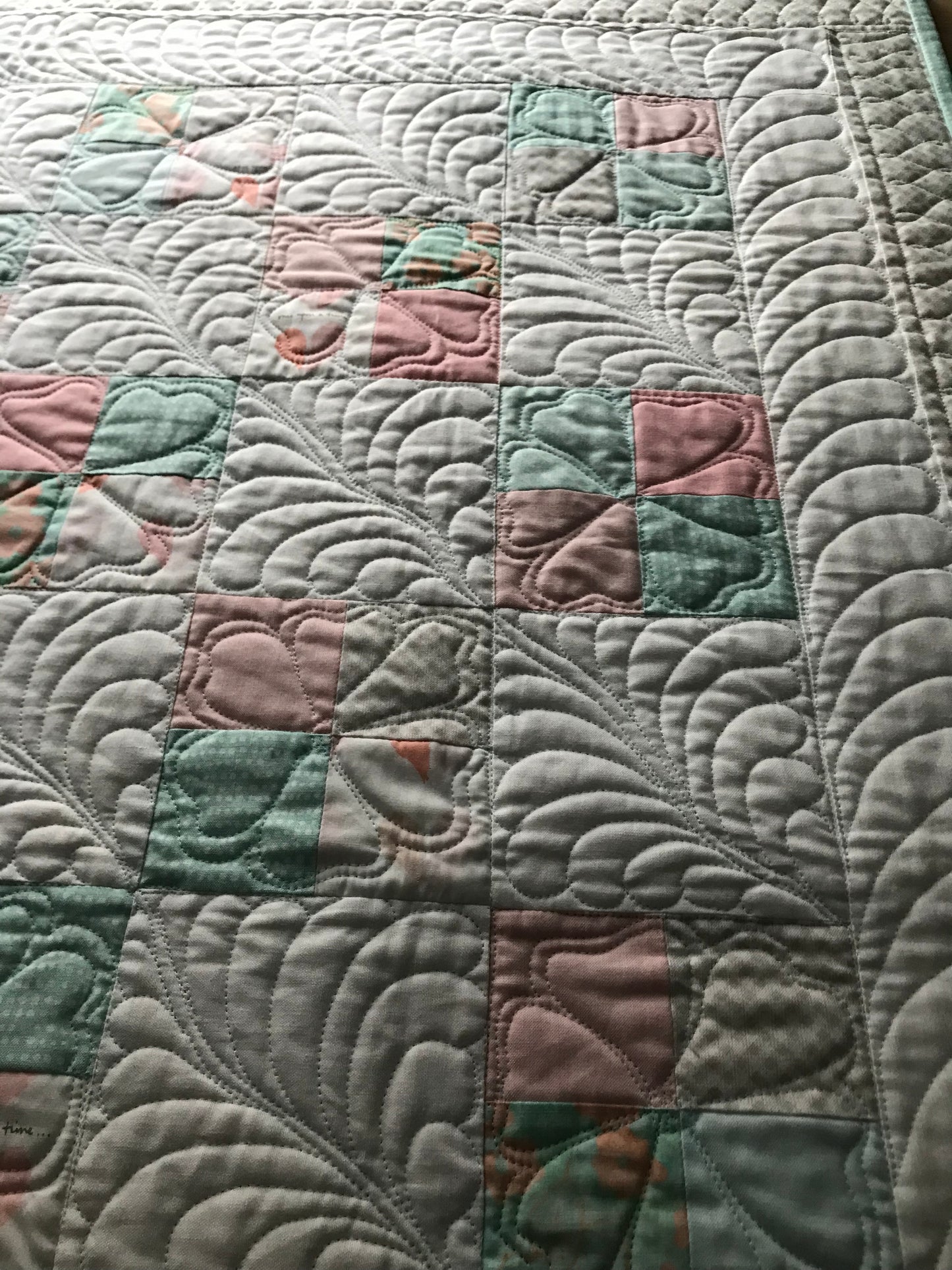 Handmade Baby Quilt - Baby Blanket, Adult Lap Quilt, Pink, Peach, Seafoam, Custom Quilted Hearts - Ready to Ship