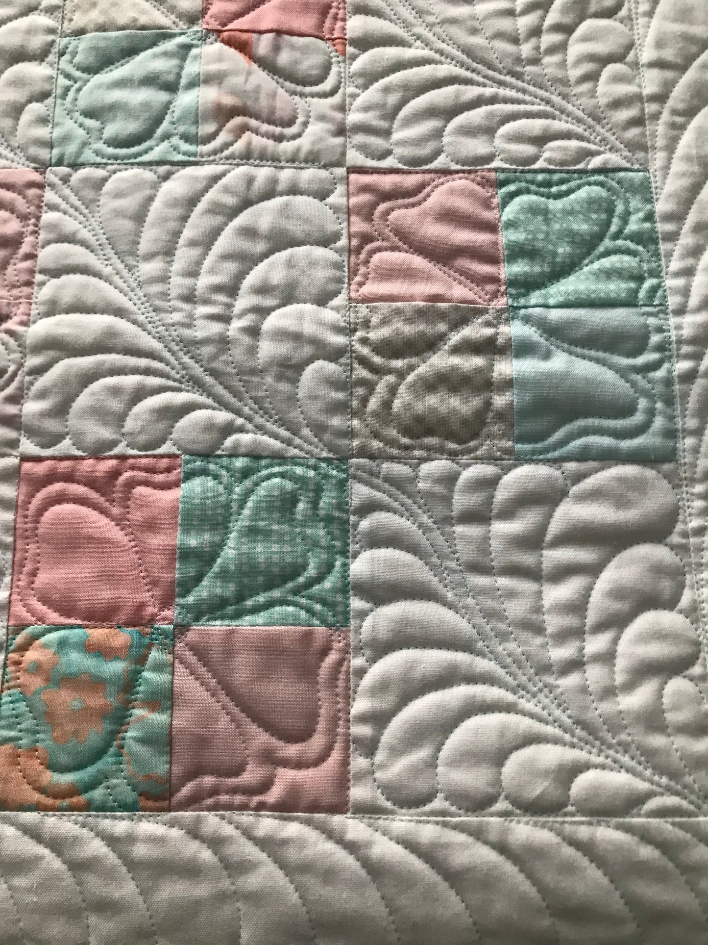 Handmade Baby Quilt - Baby Blanket, Adult Lap Quilt, Pink, Peach, Seafoam, Custom Quilted Hearts - Ready to Ship