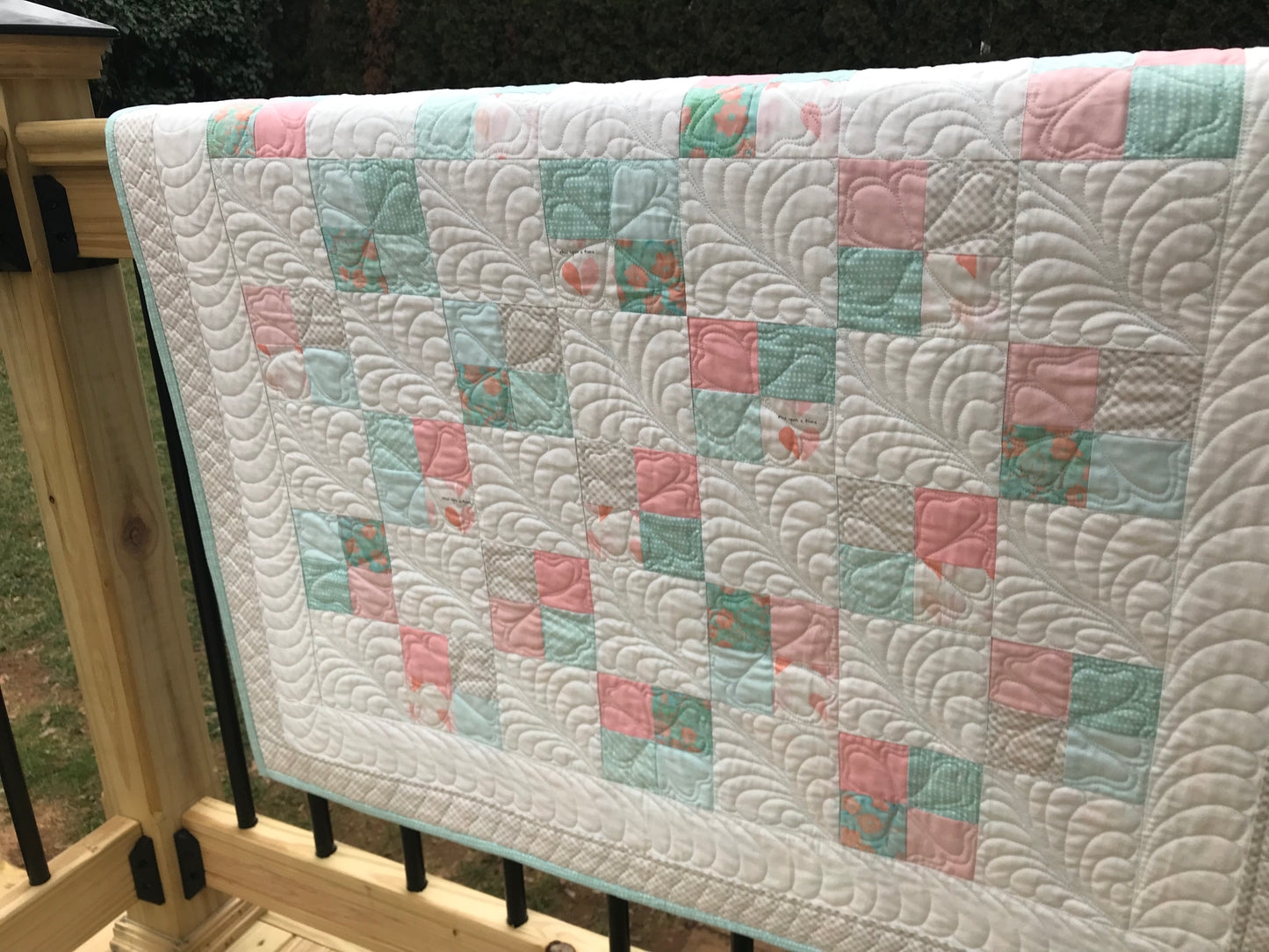 Handmade Baby Quilt - Baby Blanket, Adult Lap Quilt, Pink, Peach, Seafoam, Custom Quilted Hearts - Ready to Ship