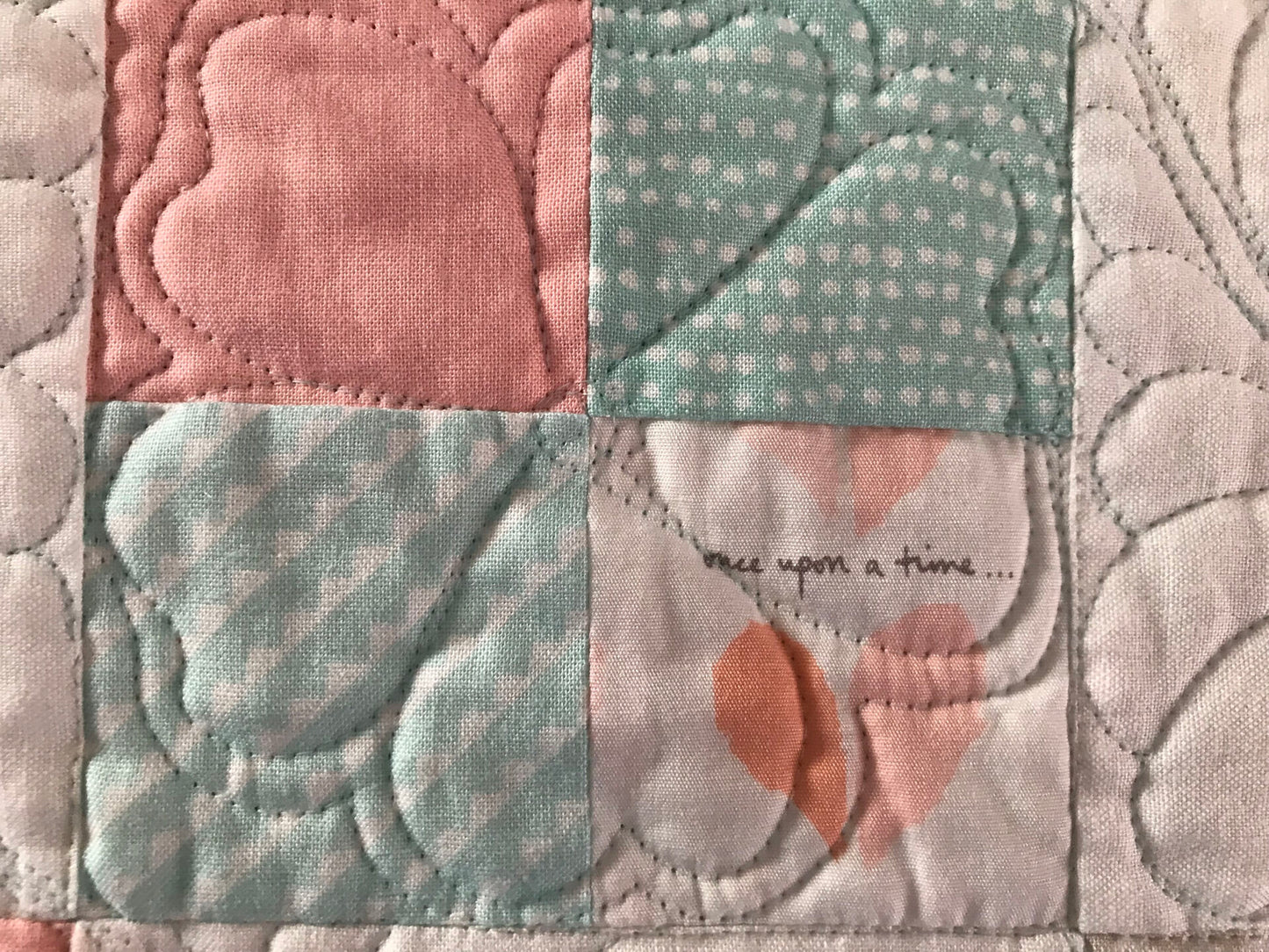 Handmade Baby Quilt - Baby Blanket, Adult Lap Quilt, Pink, Peach, Seafoam, Custom Quilted Hearts - Ready to Ship