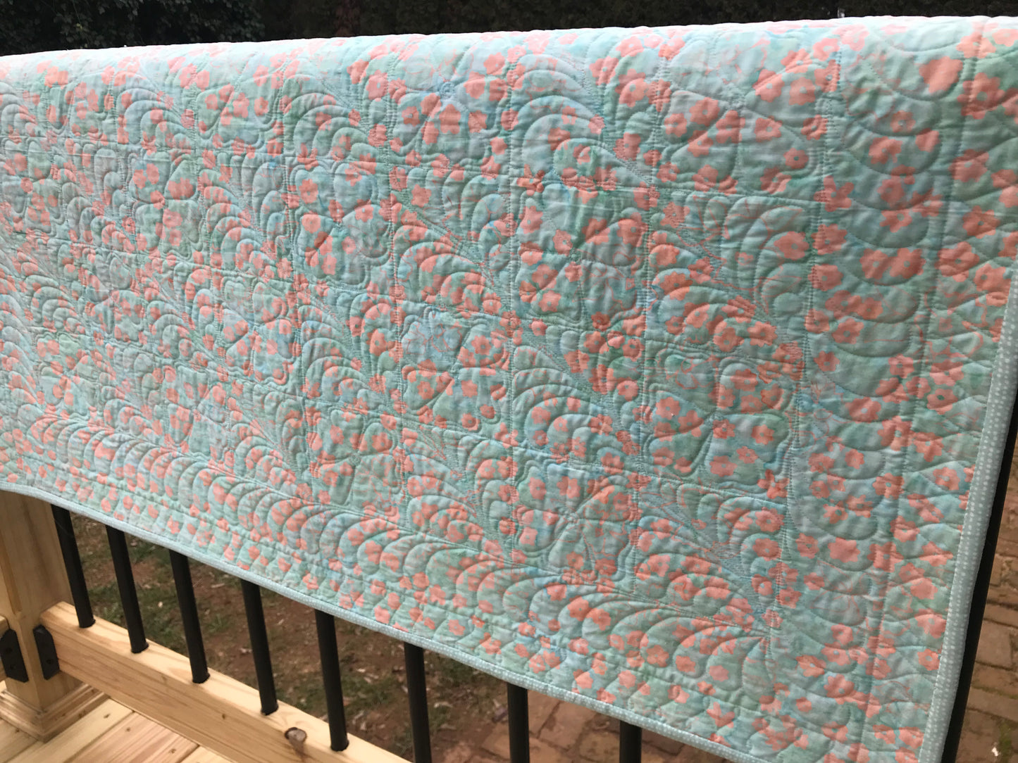 Handmade Baby Quilt - Baby Blanket, Adult Lap Quilt, Pink, Peach, Seafoam, Custom Quilted Hearts - Ready to Ship